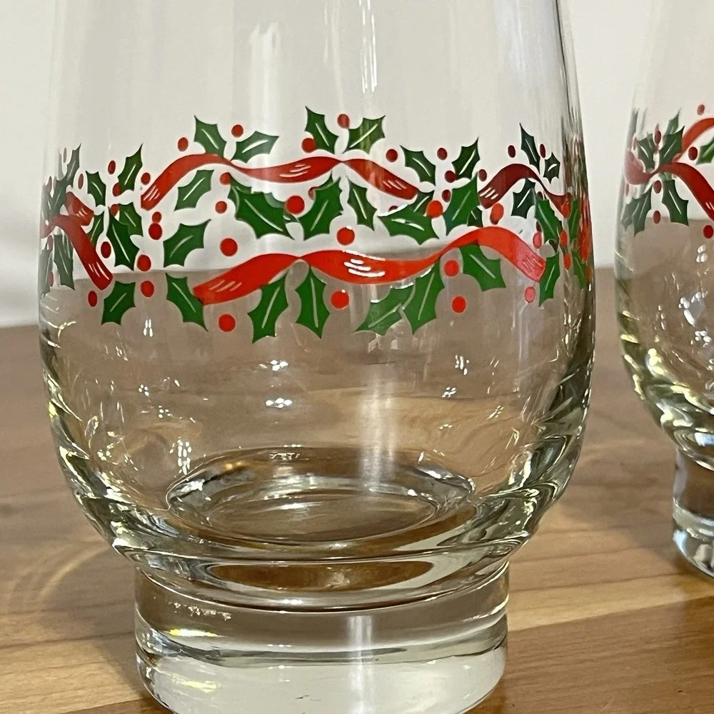 2 Libbey Holly & Berry Tumblers Clear Glass with‎ Gold Rim Christmas Holiday VTG